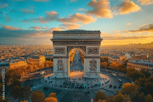 Arc de Triomphe in France, Paris, aerial view on a scenic sunset