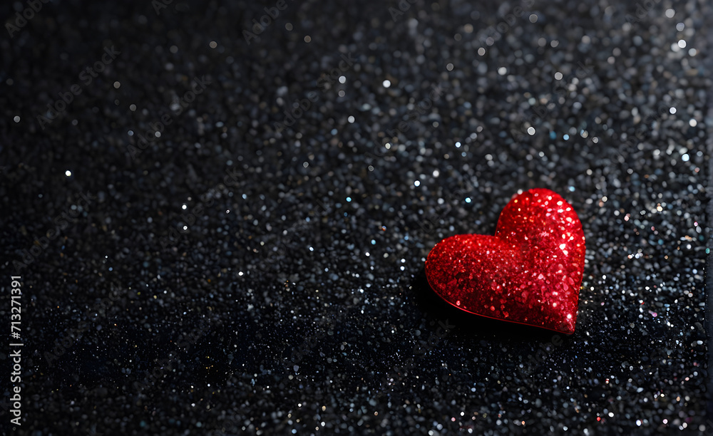 Fototapeta premium A small red heart on a sparkling black background. Generative AI