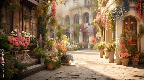 Charming Street Filled With Colorful Flowers in a Narrow Pathway  Spring