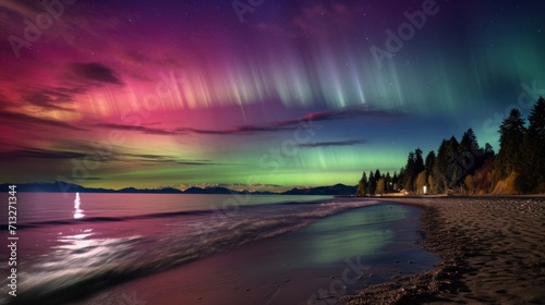 Landscape with lake and aurora borealis. Retrowave vibe.
