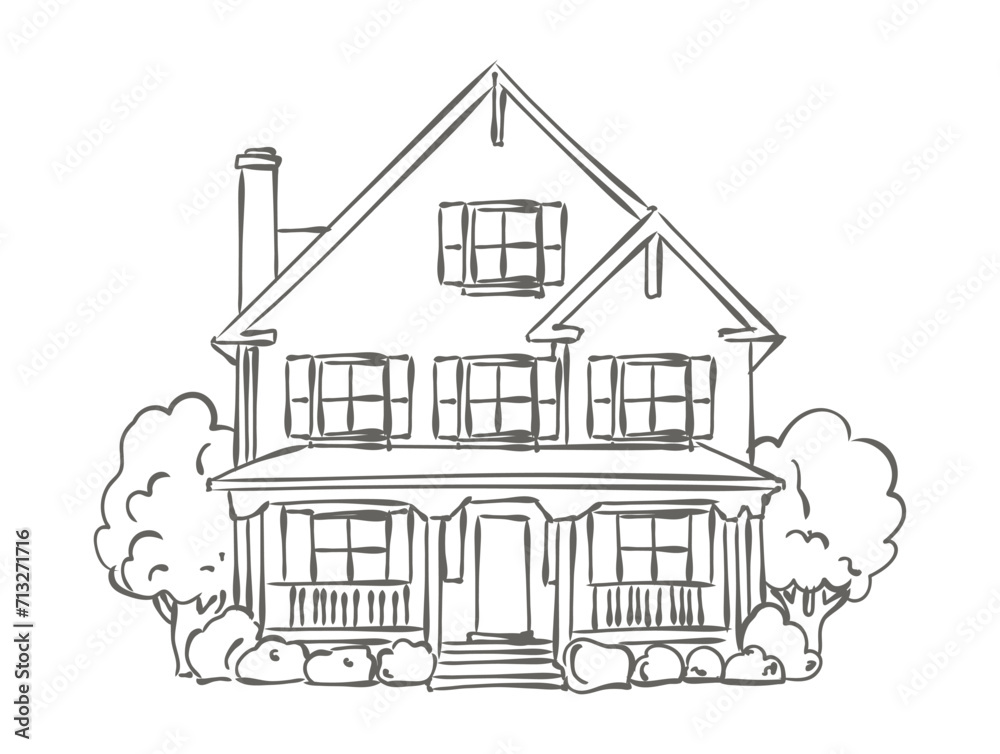 vector sketch of american wooden house