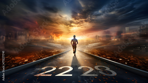 A solitary person strolling during dawn,, A man walks on a long road with the numbers 2023 on it 