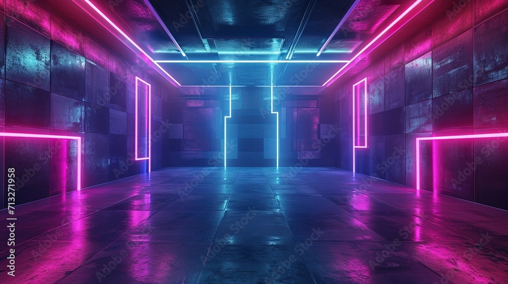 Futuristic corridor with neon lights, ai generative