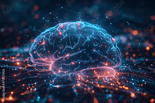 Dive into the forefront of neuroscience with a human brain hologram study. Detailed background, selective focus, and ample copy space for immersive scientific exploration.