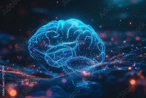 Dive into the forefront of neuroscience with a human brain hologram study. Detailed background, selective focus, and ample copy space for immersive scientific exploration. photo