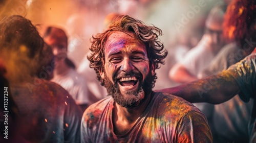 Group of People Celebrating With Colored Powder on Their Faces, Holi © Taufiq