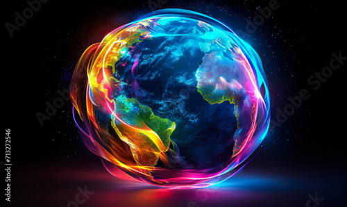 Vibrant and colorful illustration of the Earth with a glowing, neon-like effect, symbolizing global connectivity, digital innovation, and creative representation of technology © Bartek