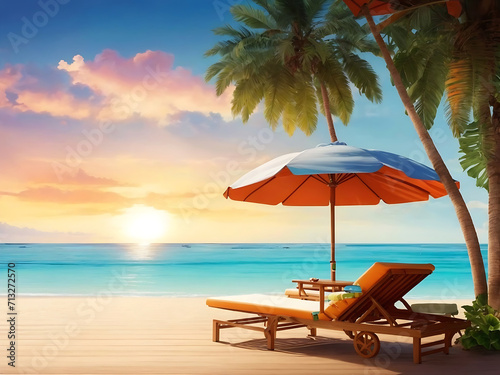 Sun beds and umbrella under palm tree design. Tropical sunset twilight scenery beach resort hotel design.