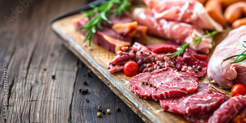 Assorted Fresh Meat, tomatoes and Charcuterie on Wooden Board with copy space. Variety of raw meats and cold cuts meat products.