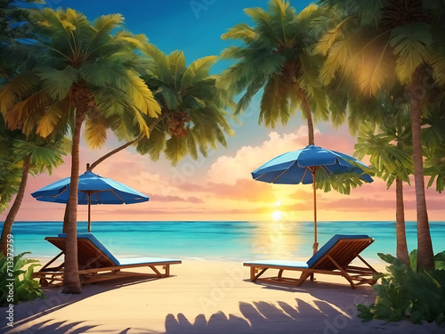 Sun beds and umbrella under palm tree design. Tropical sunset twilight scenery beach resort hotel design.