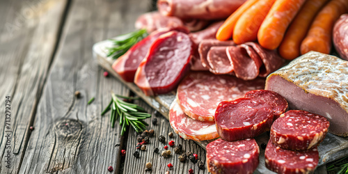 Assorted Fresh Meat, carrots and Charcuterie on Wooden Board with copy space. Variety of raw meats and cold cuts meat products.