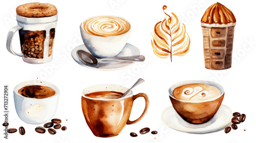 Watercolor illustration sketch coffee cup glass foam aroma grain clipart set on transparent background generative AI