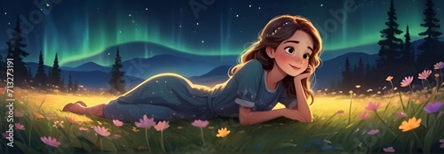A Serene Night with a Beautiful Cartoon Young Beauty Lying on a Flower Field, Mesmerised by the sky with Northern Lights, Surrounded by Twinkling Fireflies, Dreamweaver's Delight