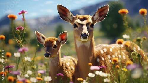Two Deer Standing Together in Field, Nature Wildlife Animals Pastoral Scene, Spring