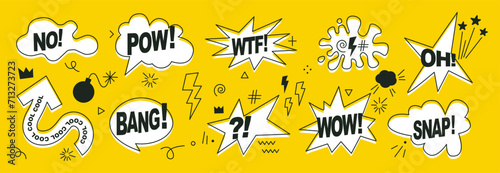 A set of speech bubbles, arrows. Comic text sound effects. Banner, poster, sticker concept. Expression funny style text Boom, Pow. Explosion. Vector bright cartoon messages. Anime icons. Pop art style