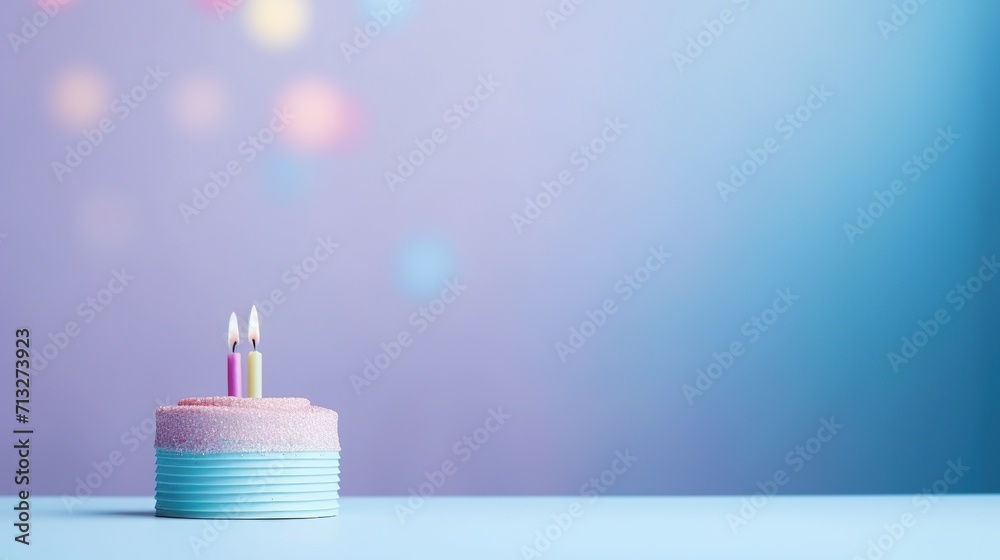 Pastel Birthday Cake with Candles on Blue and Purple Gradient Background, Minimalist Celebration Concept Pastel Birthday Cake with Candles on Blue and Purple Gradient Background, Minimalist Celebration Concept