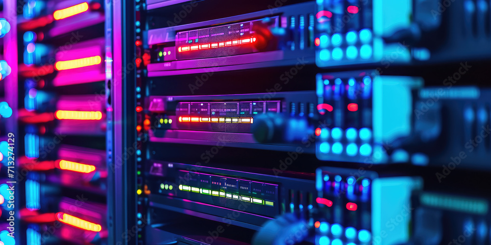 Network Server Room with Racks. Closeup wallpaper of Blurred servers in data center with blue lights. Network Server Room with Racks. Closeup wallpaper of Blurred servers in data center with blue lights.