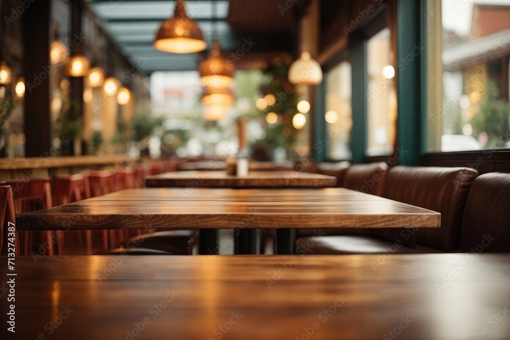 Interior of a restaurant with a blurred table and chairs background