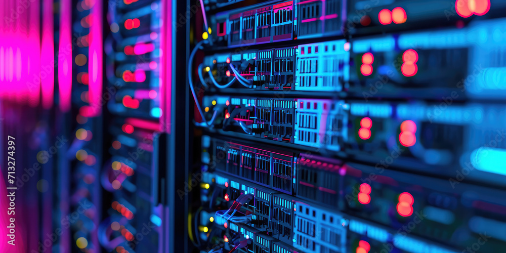 Network Server Room with Racks. Closeup wallpaper of Blurred servers in data center with pink lights.