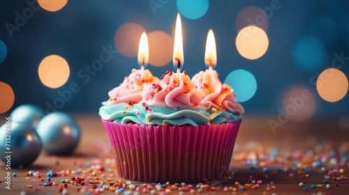 Festive cupcake with blue icing and burning candles, blurred lights background, celebration concept