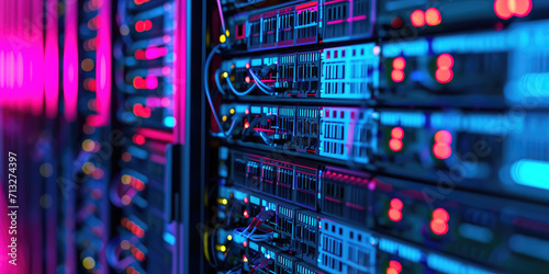 Network Server Room with Racks. Closeup wallpaper of Blurred servers in data center with pink lights.