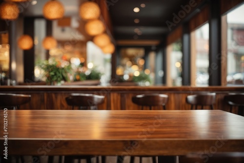 Interior of a restaurant with a blurred table and chairs background © Shoraoddi_Hossain