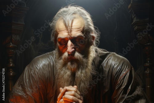 White-bearded old man praying. Ancient and mysterious