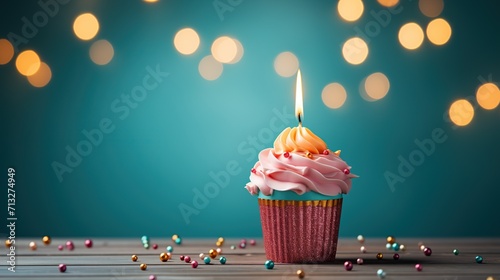 Delicate cupcake with pink icing and single candle, bokeh background, celebration theme