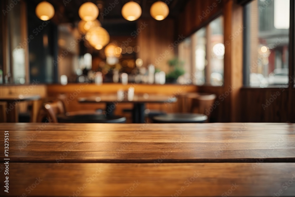 Interior of a restaurant with a blurred table and chairs background