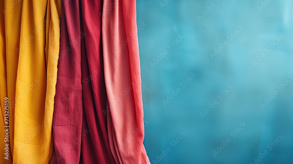 Colorful Fabric Curtains in Shades of Yellow, Red, and Turquoise, Abstract Textured Background