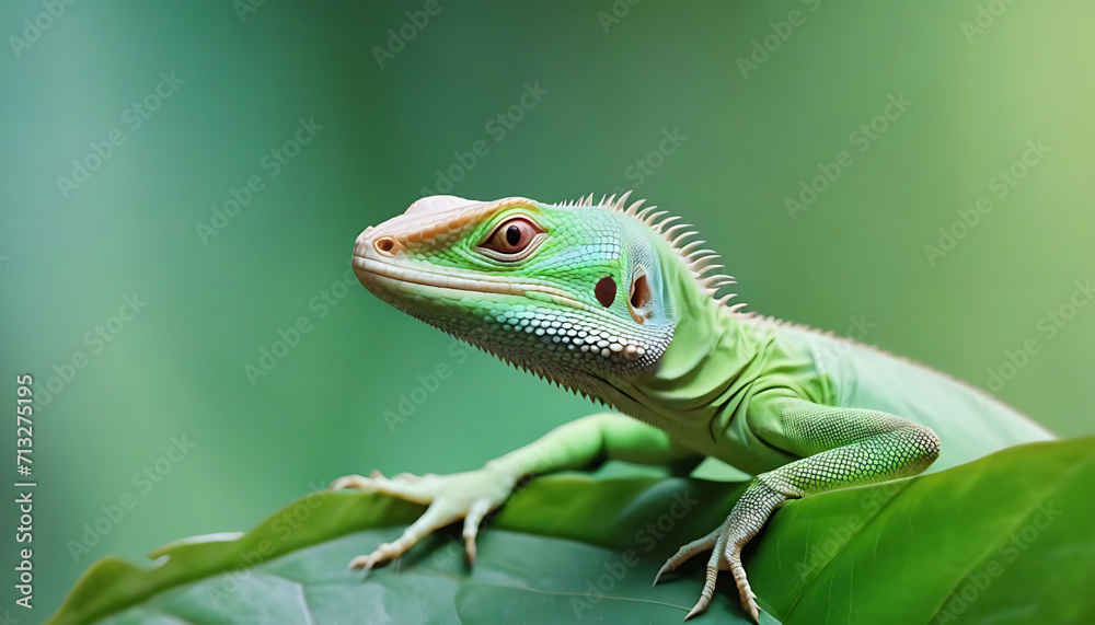 Fototapeta premium Green chameleon on green leaf in the forest. Generative AI