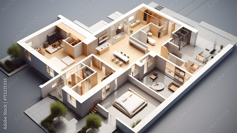 Définition des espaces d'une maison pour un projet immobilier. Plan 3D d'architecte. - obrazy, fototapety, plakaty 