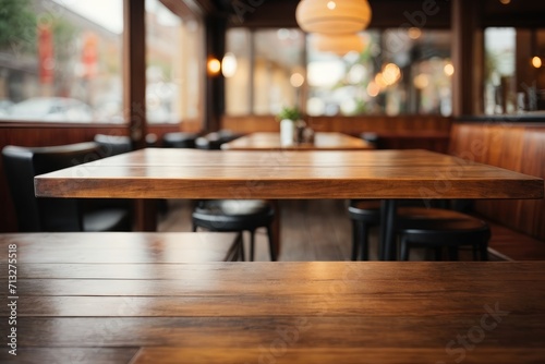 Interior of a restaurant with a blurred table and chairs background