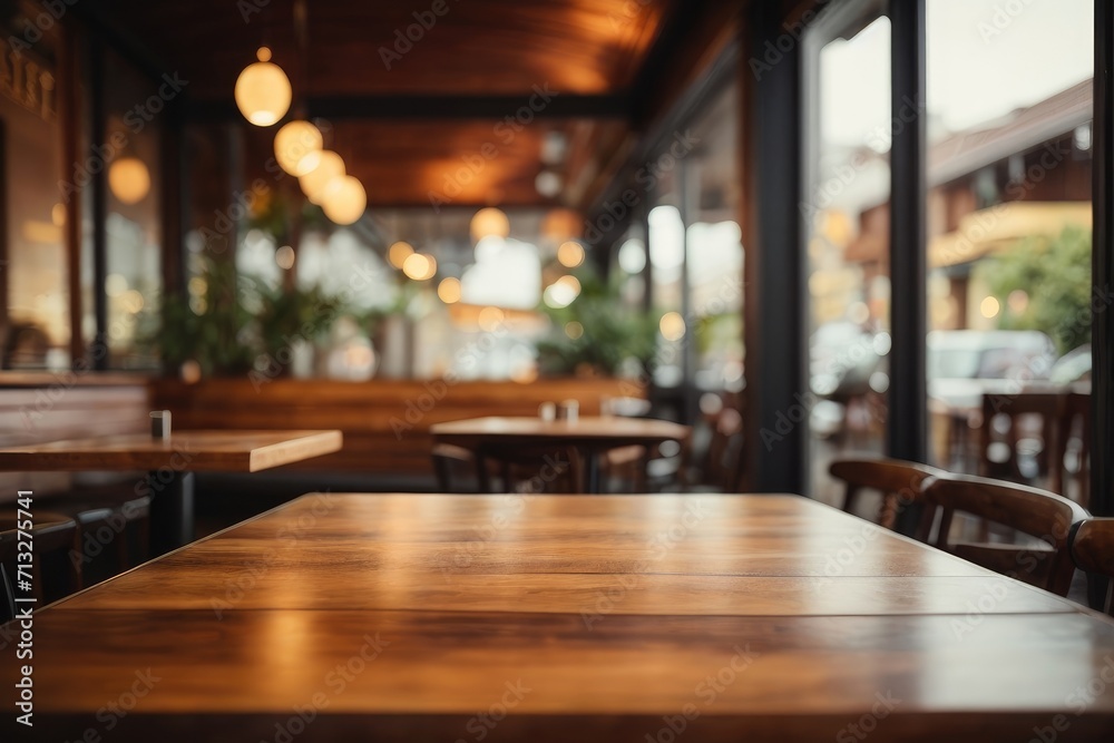 Interior of a restaurant with a blurred table and chairs background