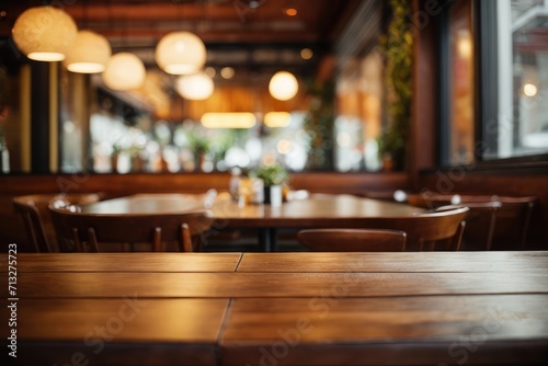 Interior of a restaurant with a blurred table and chairs background