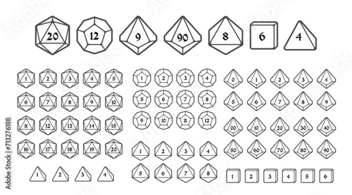 D4, D6, D8, D10, D12, and D20 Dice Icons for Boardgames With Numbers, Line Style