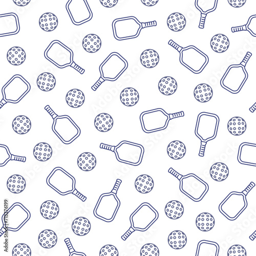 Seamless Pattern of Balls and Rackets for Pickleball in Outline Style