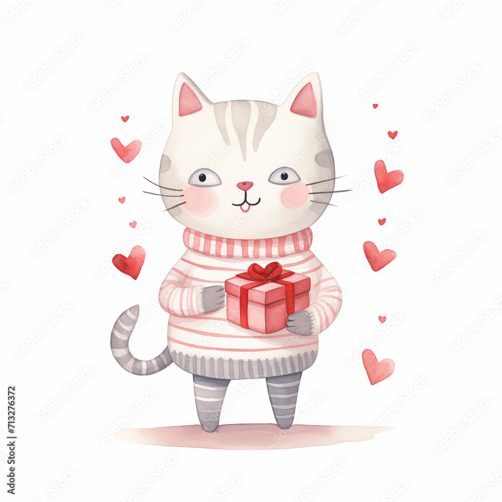 A delightful watercolor illustration of a striped cat holding a red gift box, surrounded by floating hearts, an image well-suited for Valentine's Day cards, love-themed party invitations, or as an A delightful watercolor illustration of a striped cat holding a red gift box, surrounded by floating hearts, an image well-suited for Valentine's Day cards, love-themed party invitations, or as an