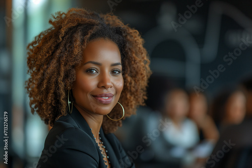 Wallpaper Mural A stylish afro American businesswoman smiling during working meeting in office. Female businesswoman, empowered, self-confident, confident, leader concept Torontodigital.ca