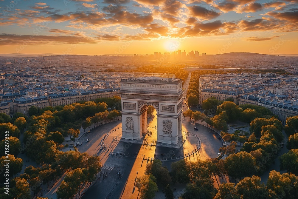 Arc de Triomphe in France, Paris, aerial view on a scenic sunset - obrazy, fototapety, plakaty 