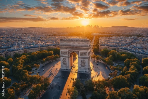 Arc de Triomphe in France, Paris, aerial view on a scenic sunset