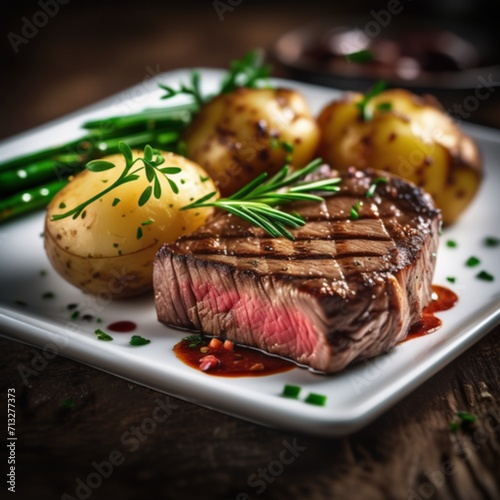Beef steak with potatoes and vegetable