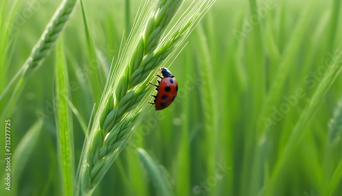 Ladybug on a green wheat field. Generative AI