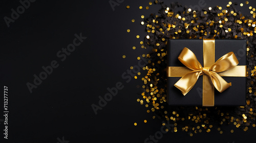 Stylish Black Giftbox with Golden Ribbon and Sequins, Top View on Isolated Background - Luxury Present for Special Occasions and Celebrations © Sunanta