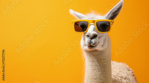 Funny llama wearing sunglasses with a soft color background. Lama glama. AI Generative