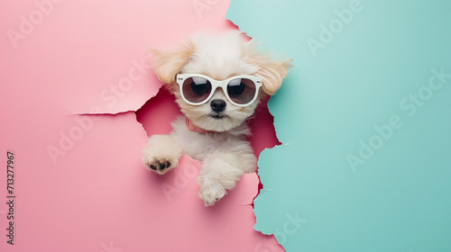 dog wearing sunglasses peeking out of a hole in pastel color, fluffy puppy jump out