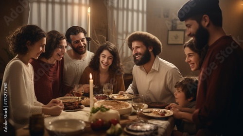 Group of People Gathered Around a Table With a Lit Candle, Passover