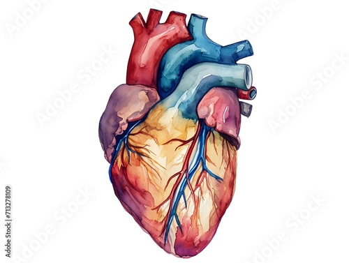 Human anatomical heart, realistic watercolor style, isolated on white background. AI generated. photo