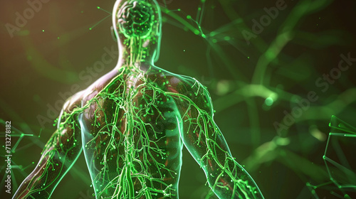 A detailed and artistically enhanced illustration showcasing the network of lymphatic vessels within the human body, beautifully highlighting their intricate pathways and role in i photo
