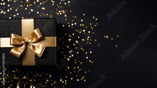 Stylish Black Giftbox with Golden Ribbon and Sequins, Top View on Isolated Background - Luxury Present for Special Occasions and Celebrations